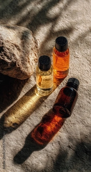 Fototapeta Three small bottles of liquid, amber and gold, sit on a light beige surface, shadowed by natural light. A rock rests nearby