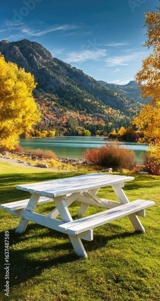 Fototapeta White picnic table in autumn park by a lake. Mountains in background