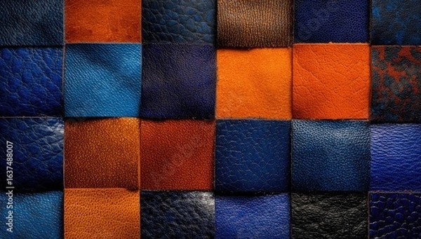 Fototapeta Close-up view of a patchwork of colored leather squares