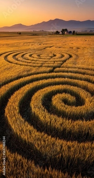 Fototapeta Golden wheat field at sunrise with intricate circular patterns