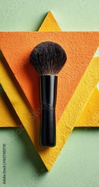 Fototapeta A black-handled makeup brush with a fluffy, dark-brown head rests atop layered orange and yellow triangular shapes against a light-green backdrop
