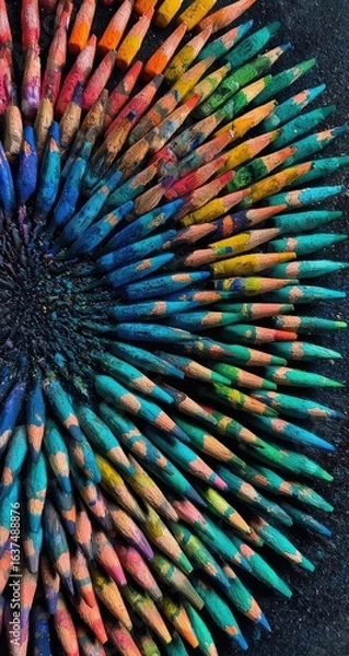 Fototapeta Colorful pencils arranged in a radial pattern, vibrant hues, detailed texture