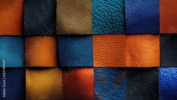 Fototapeta Leather swatches in various colors and textures, arranged in a grid pattern