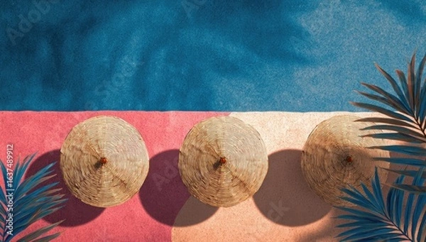 Fototapeta Overhead view of three light brown straw beach umbrellas on a sandy surface with tropical leaves and vibrant colors