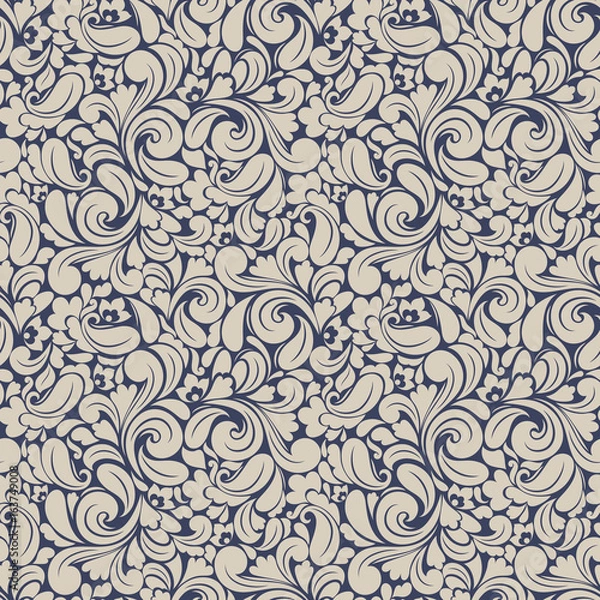 Fototapeta Seamless background baroque style blue and beige. Vintage Pattern. Retro Victorian. Ornament in Damascus style. Elements of flowers, leaves. Vector illustration. Wallpaper, print packaging, textiles.