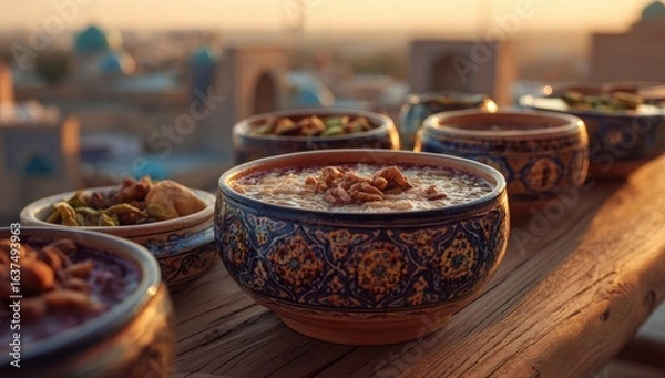 Fototapeta Bowls of food on a wooden surface, set against a backdrop of a city at sunset