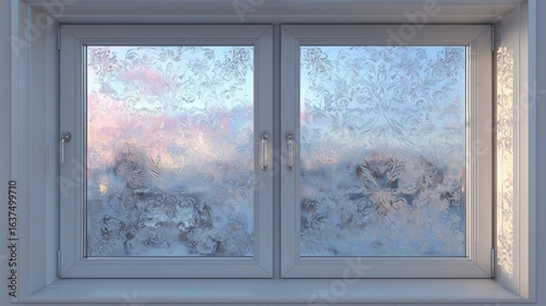 Fototapeta 霜が降りた窓ガラスに映る静謐な風景イメージ広告