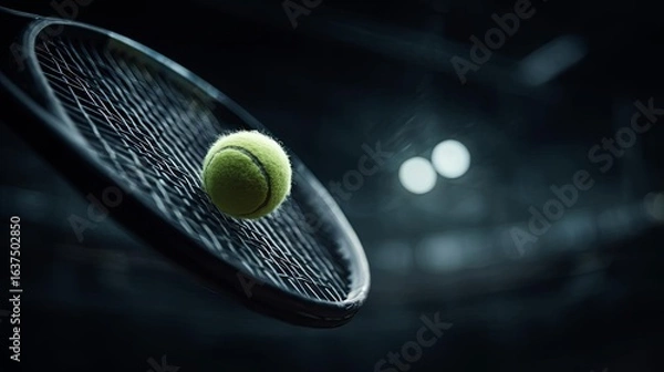 Fototapeta A close-up of a tennis racket and ball captured in a dramatic, low-light setting.