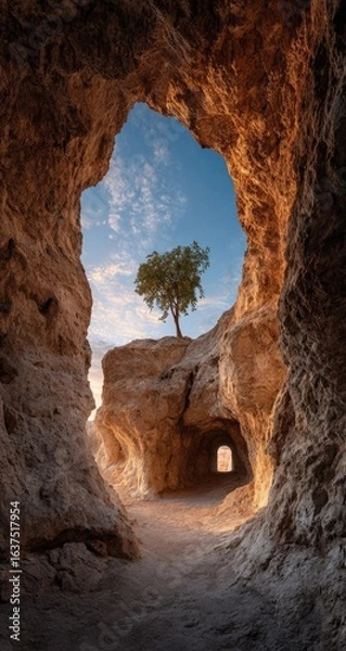 Fototapeta Sunny tunnel through rock formations, small tree on a rise