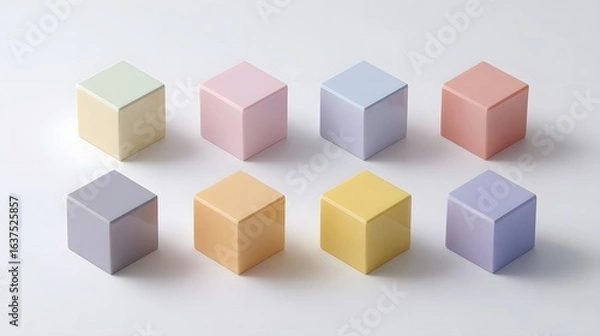 Fototapeta Array of pastel-colored cubes arranged on a white surface.