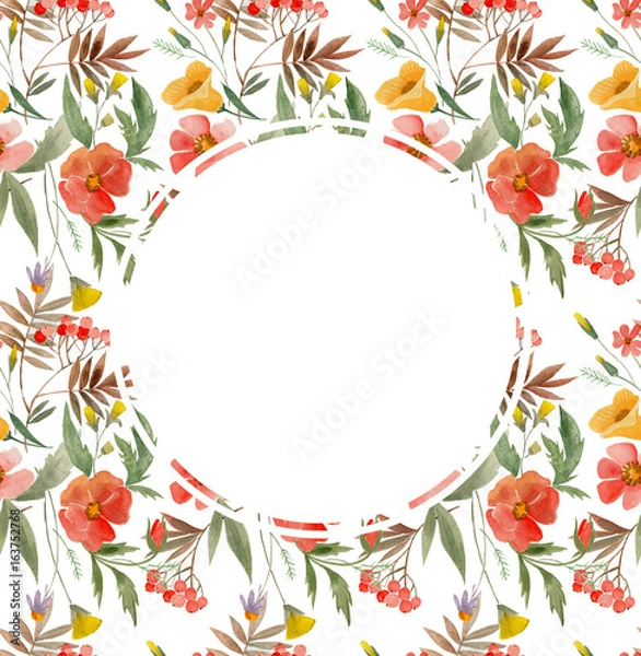 Obraz рамка с изображением акварельных цветов, красные маки и желтые лилии, кругая рама