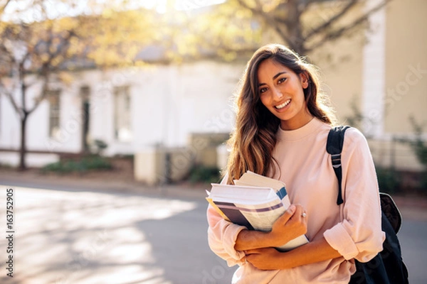 Obraz Studentka college'u z książkami na zewnątrz