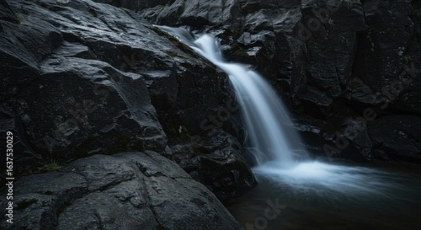 Obraz Serene Waterfall Cascading Over Dark Rocks: Nature Photography