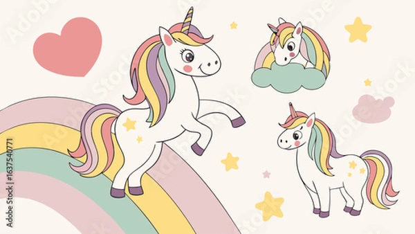 Fototapeta Adorable Unicorns on Rainbow with Stars and Clouds.