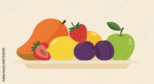 Fototapeta Flat illustration A mango, apple, lemon, strawberries, plums resting on a dish