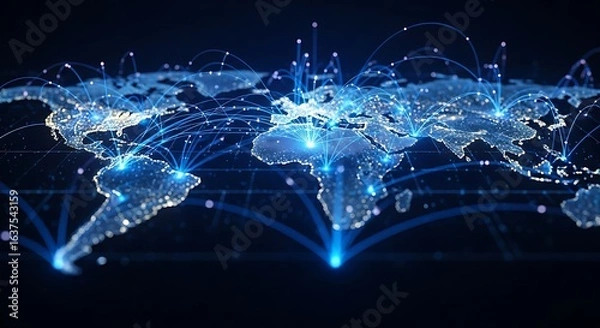 Fototapeta Global Network: World Map with Glowing Connections on Dark Background
