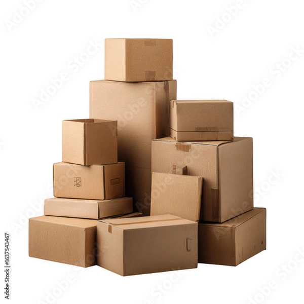 Fototapeta cardboard brown delivery packages stacked isolated on white and transparent background.