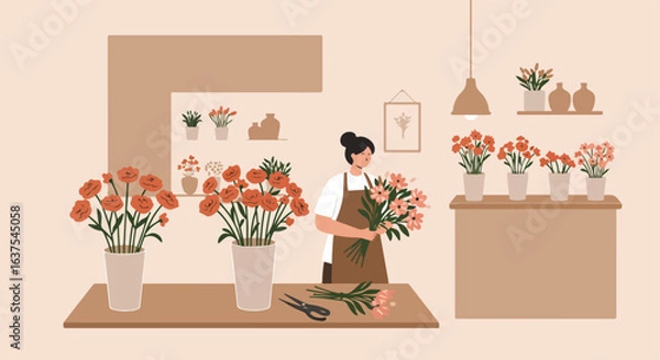 Fototapeta Florist arranges fresh flowers in a shop with vases, scissors, and a neutral palette