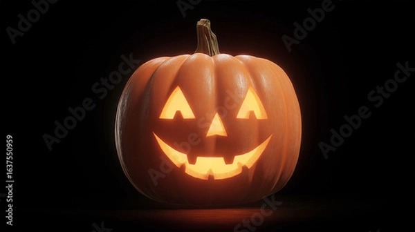 Fototapeta Illuminated Jack-o'-lantern: A carved pumpkin glows with an eerie light, featuring a traditional, smiling face, captured against a deep, mysterious black backdrop.