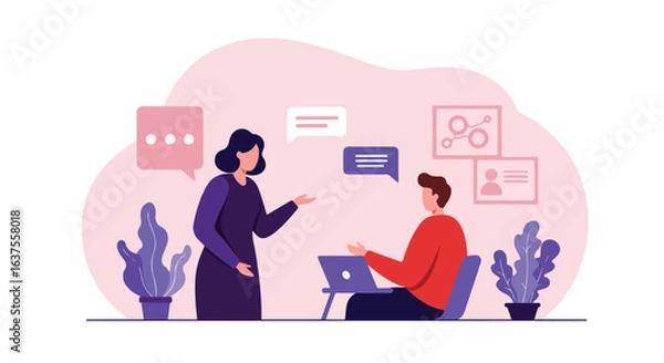 Fototapeta Illustration of a conversation between two people with speech bubbles and plants