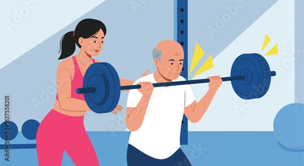Fototapeta Elderly man lifting weights with coach for exercise and fitness at gym setting