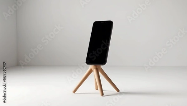 Obraz Modern smartphone displayed vertically on a minimalist wooden tripod stand