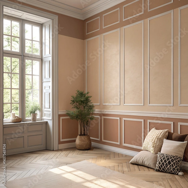 Obraz warm neutral wall with pillows and the plant and the window