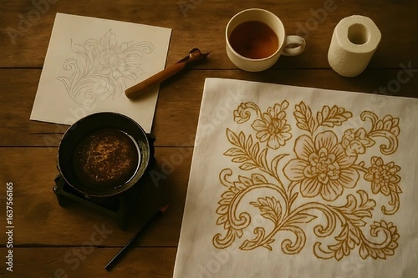 Obraz Home Batik Maker’s Table with Melted Wax and Half-Finished Patterns