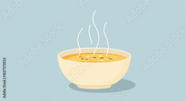 Fototapeta Simple illustration of bowl of hot soup with steam and herb garnish on light background
