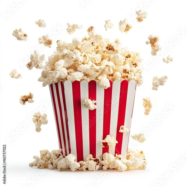 Fototapeta Popcorn in a striped container, with popcorn kernels flying