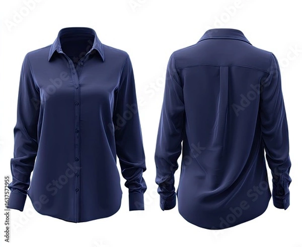 Fototapeta Navy blue, long-sleeve button-down blouse, front and back views