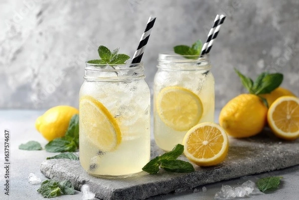 Fototapeta Two mason jar drinks garnished with lemon slices and mint