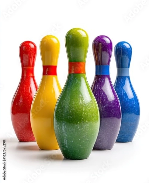 Fototapeta Five colorful bowling pins arranged in a row against a white background.  Each pin features a unique hue