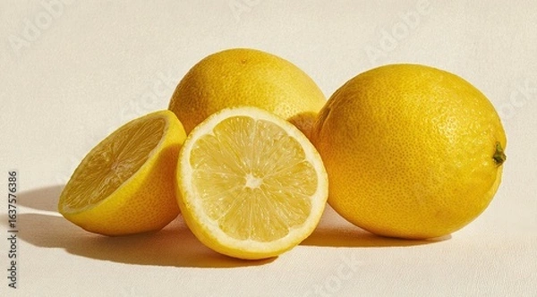 Fototapeta Three lemons, one whole and two halves, on a light beige surface