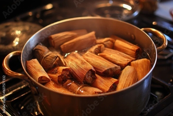 Fototapeta Steaming tamales in a large pot (1)