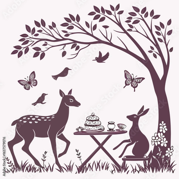 Fototapeta Charming forest scene with a deer and rabbit enjoying a tea party under a tree