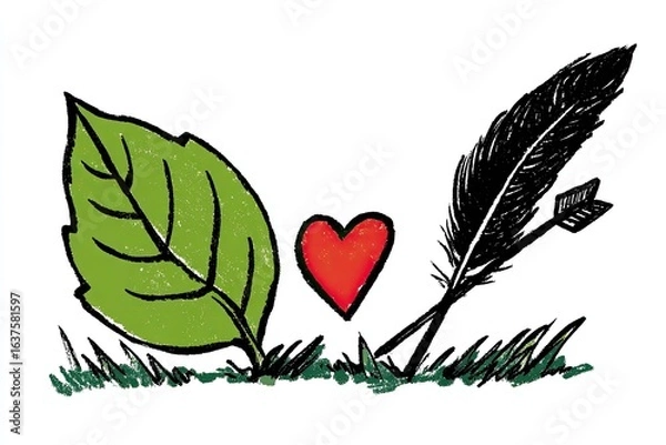 Fototapeta Two leaves, a heart, and a feather with arrow, sit in grass