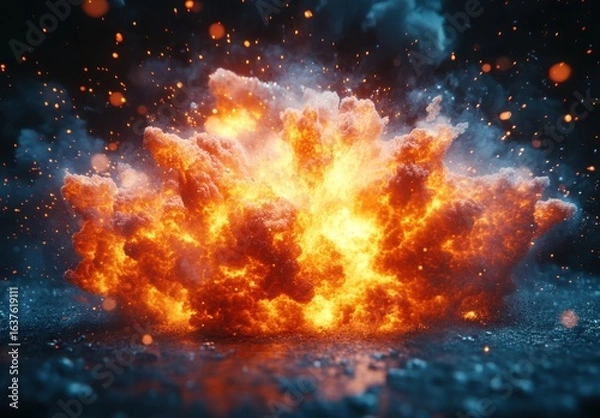 Fototapeta Fiery Explosion with Bright Orange Flames and Billowing Smoke Amidst Dark Background - Dynamic and Intense Visual Display