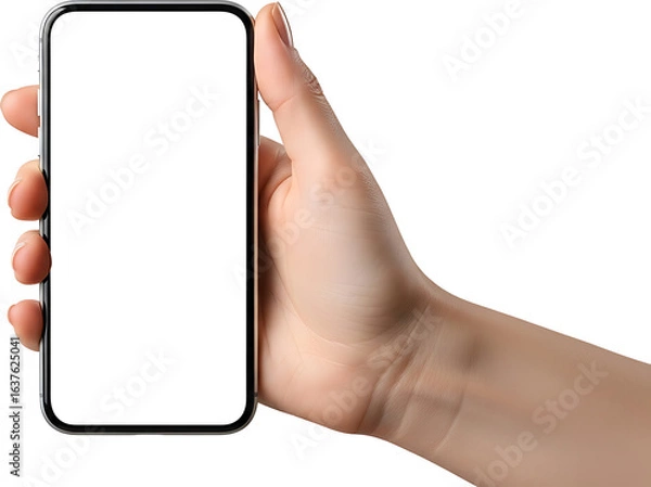 Fototapeta A person's hand holds a modern smartphone with a blank white screen for mockup purposes.