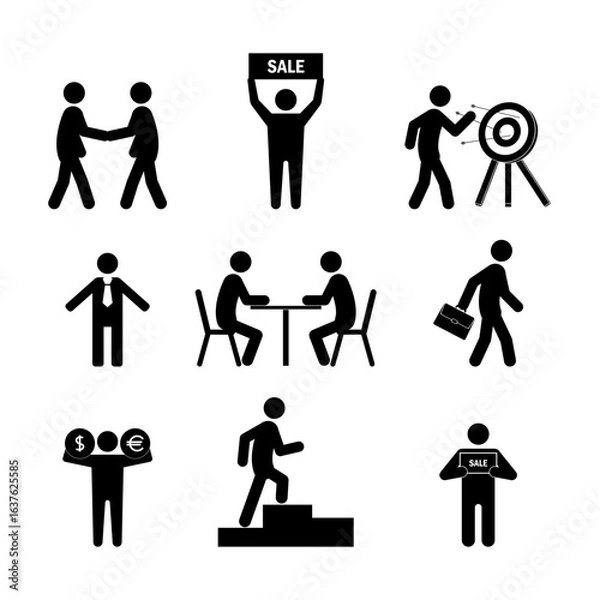 Fototapeta A set of nine black and white stick figure style vector icons depicting various business and sales-related scenes.