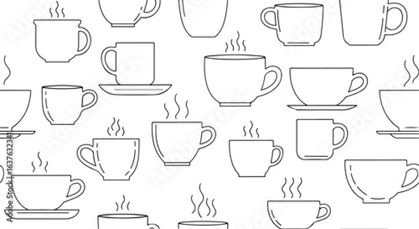 Fototapeta Seamless pattern of coffee cups and mugs in black and white, vector design