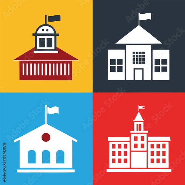 Fototapeta School campus building icons on colorful square backgrounds, minimalist silhouettes, flat vector set