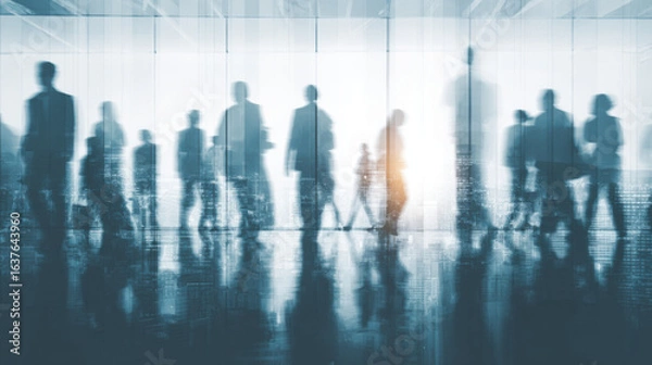 Fototapeta Silhouettes of business people walking in a modern office building convey a sense of motion and collaboration against a blurred cityscape background view.