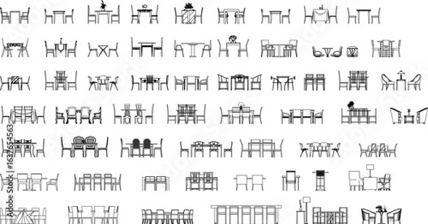 Obraz Vector Collection of Tables and Chairs Front Elevation in Black and White Outline