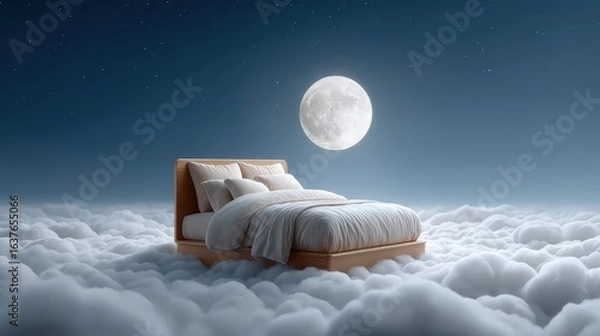 Fototapeta A serene bed floats among clouds under a full moon, evoking a dreamlike atmosphere of tranquility and wonder.