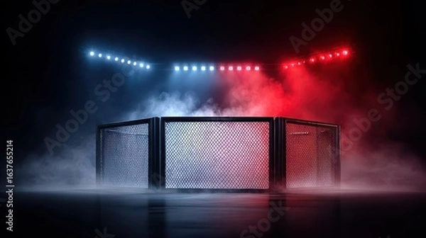 Fototapeta A dramatic, illuminated fighting arena surrounded by fog, featuring a cage structure with striking blue and red lights.