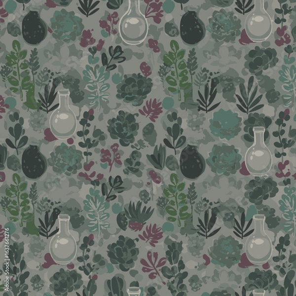 Obraz This intricate digital illustration showcases a harmonious blend of lush green foliage and delicate glass beakers, creating a captivating repeating design.