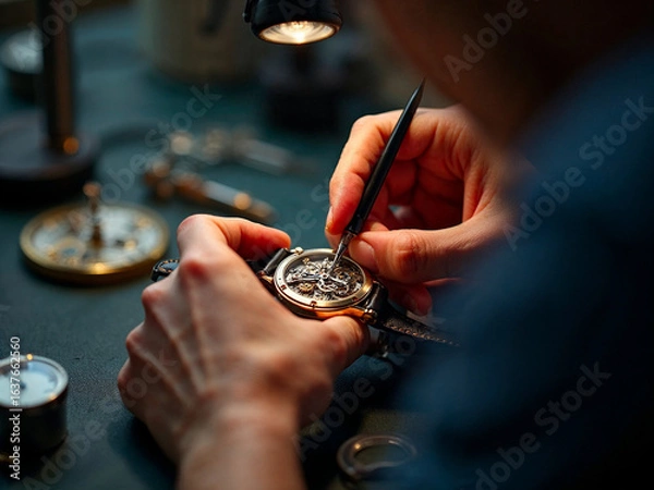 Fototapeta Watchmaker assembling luxury mechanical watch with precision tweezers and tools