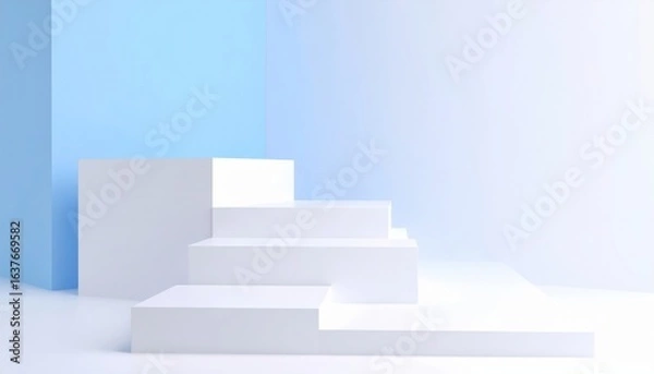 Fototapeta Minimalist design steps in light blue space interior architecture modern aesthetic clean environment focused viewpoint