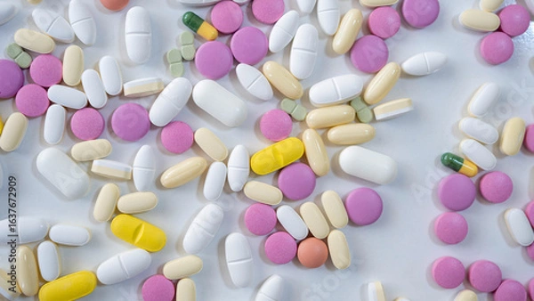 Fototapeta Pills, tablets, capsules, vitamins and omega3 on the white table